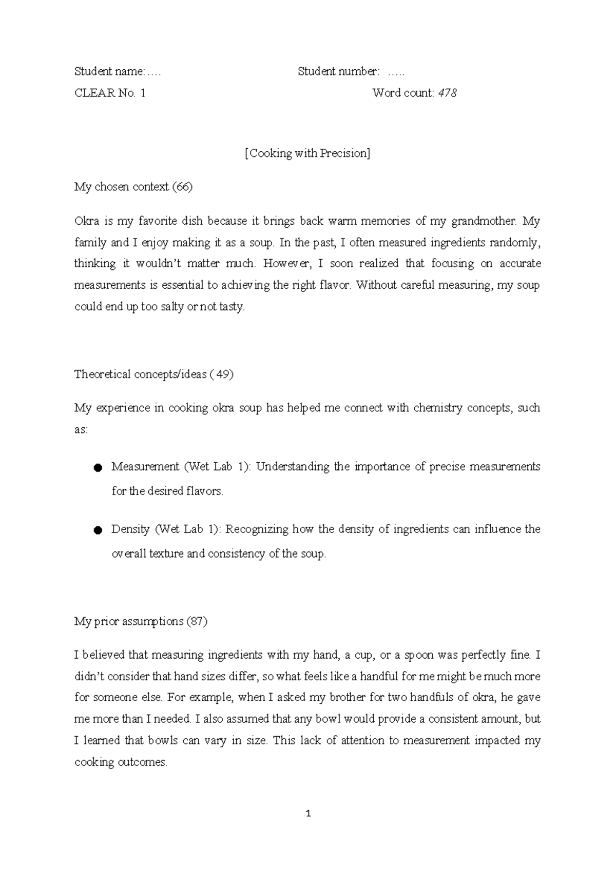 Clear NO.1 lab chem 1201 Student name.... Student number