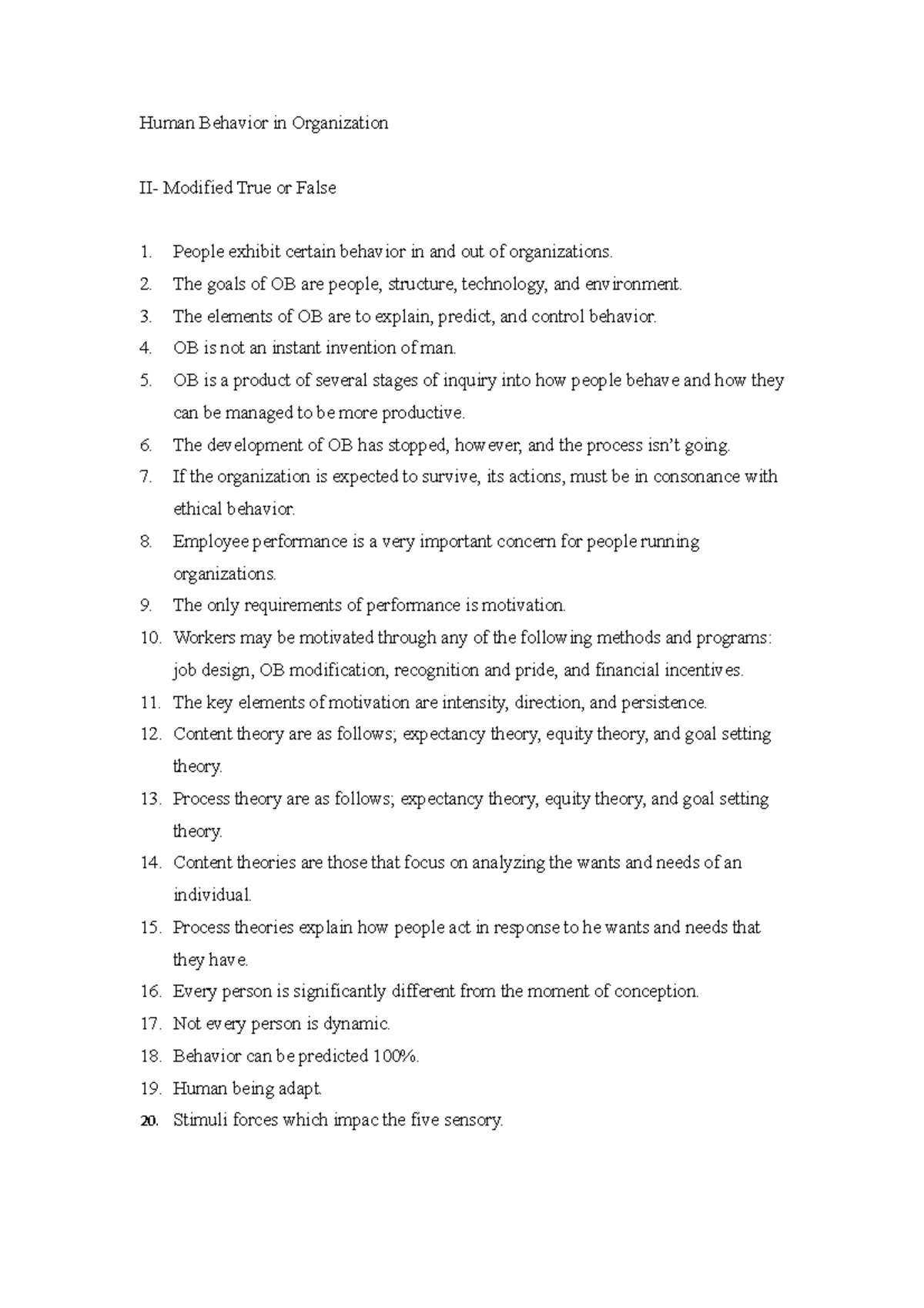 TEST 1 18 December 2011, questions - Human Behavior in Organization II ...
