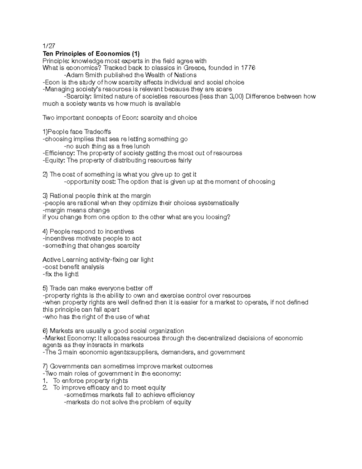 Econ 103 Notes - 1/ Ten Principles Of Economics (1) Principle ...