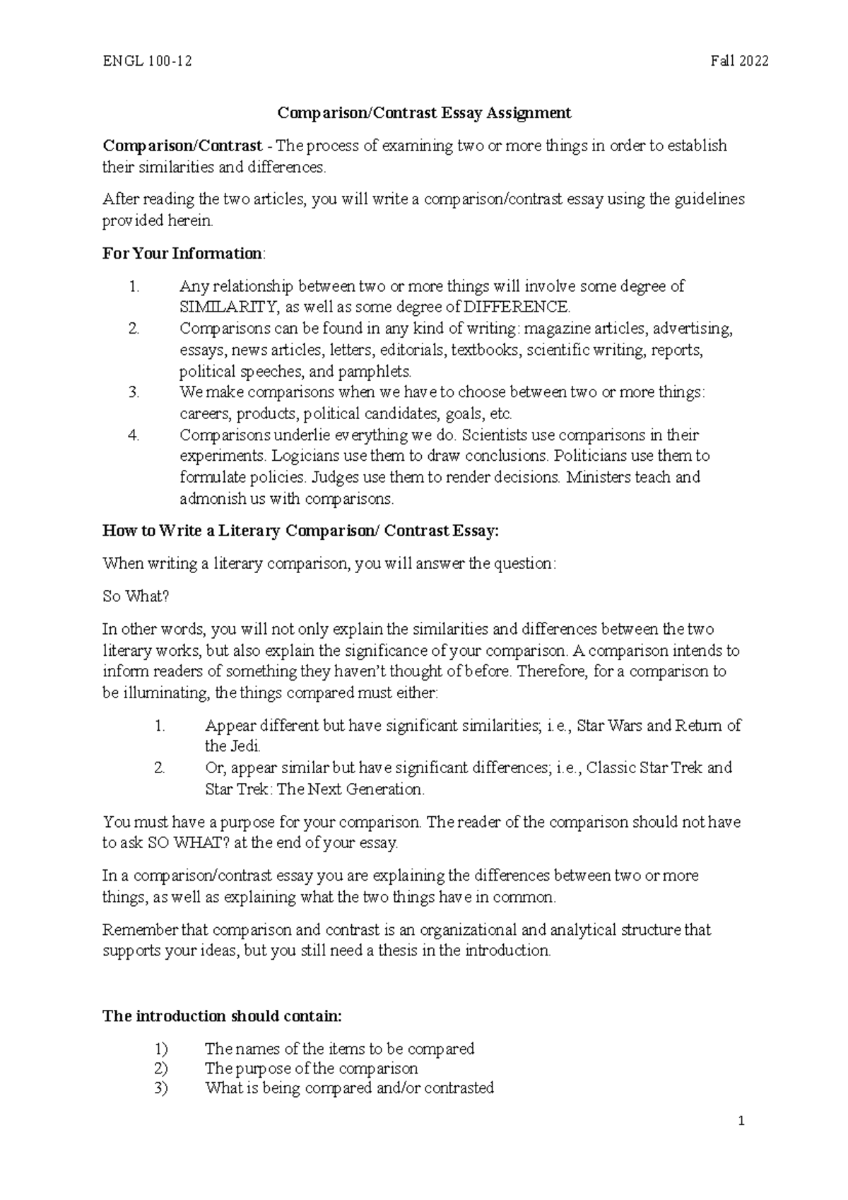 Comparison-Contrast Essay Assignment and Rubric - Comparison/Contrast ...