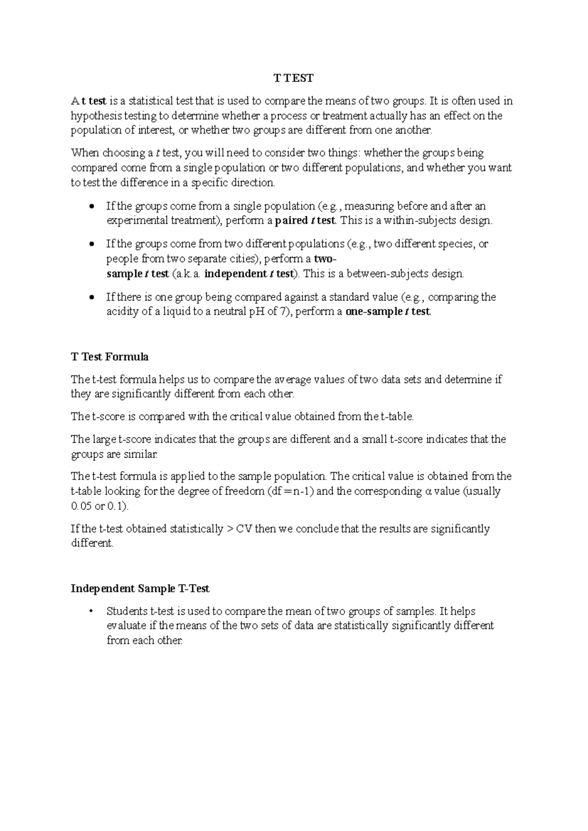 T test sem 4 - Alll notes are helpful for 4th sem students - T TEST A t ...