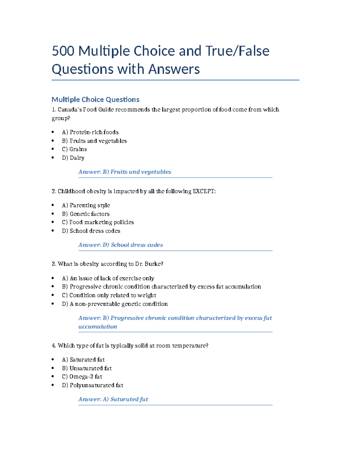 Weight Management and Nutrition Full 500 Questions - 500 Multiple ...