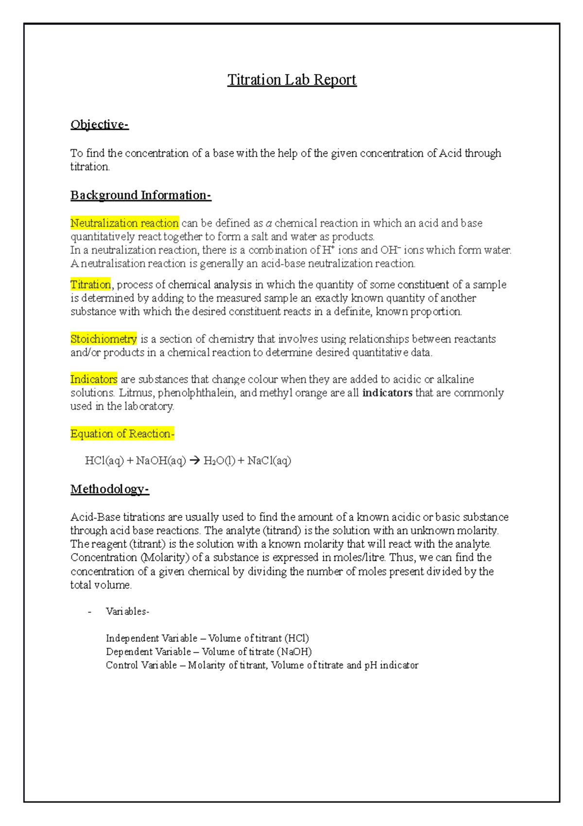 Titration Lab Report Titration Lab Report Objective To find the