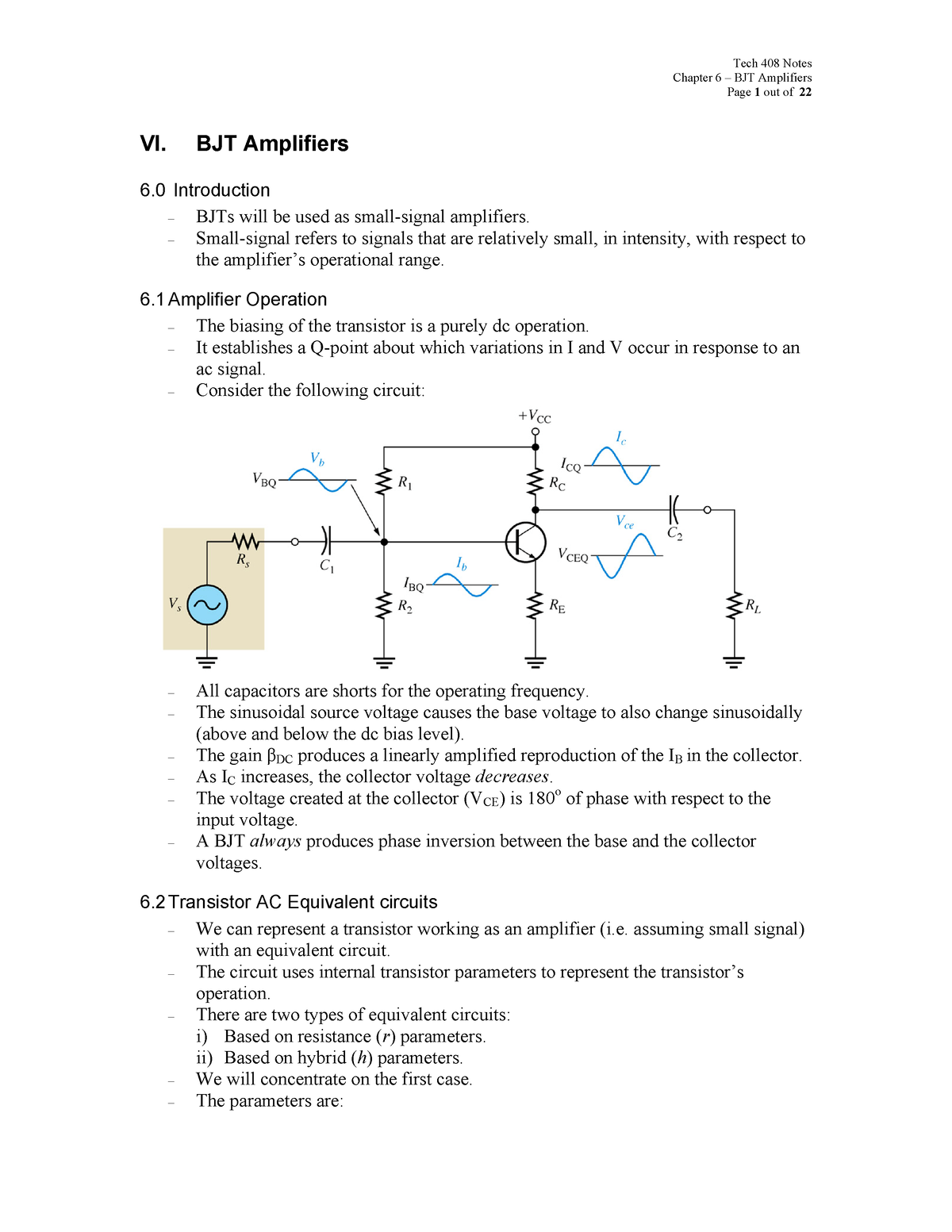 Chapter 6 - ...... - Chapter 6 – BJT Amplifiers Page 1 Out Of 22 VI ...