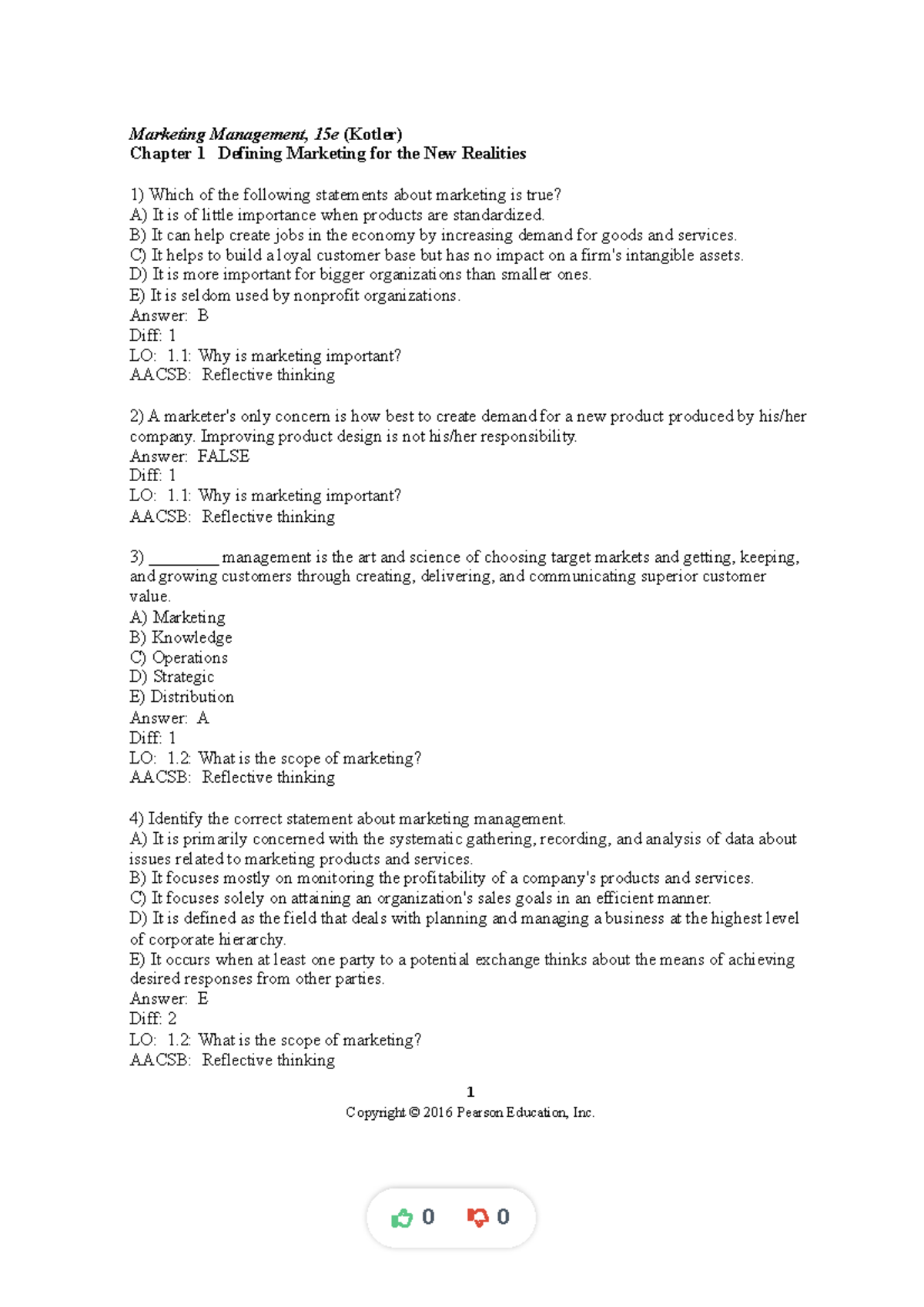 Ch1 Marketing Management Testbank - Marketing Management, 15e (Kotler ...