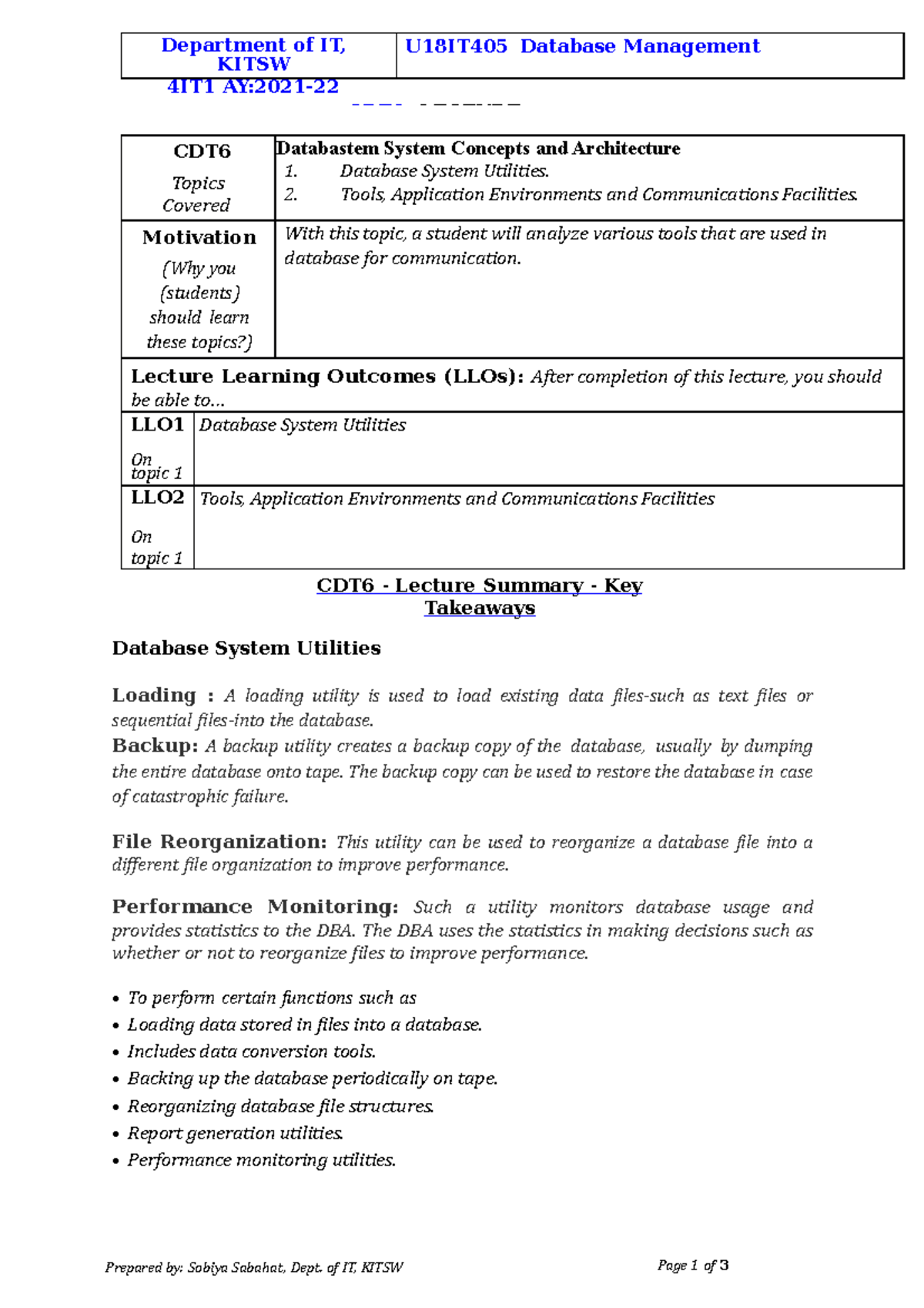 CDT6 Summary 4IT1-DBMS 2021-22 - Department of IT, KITSW 4IT1 AY:2021 ...