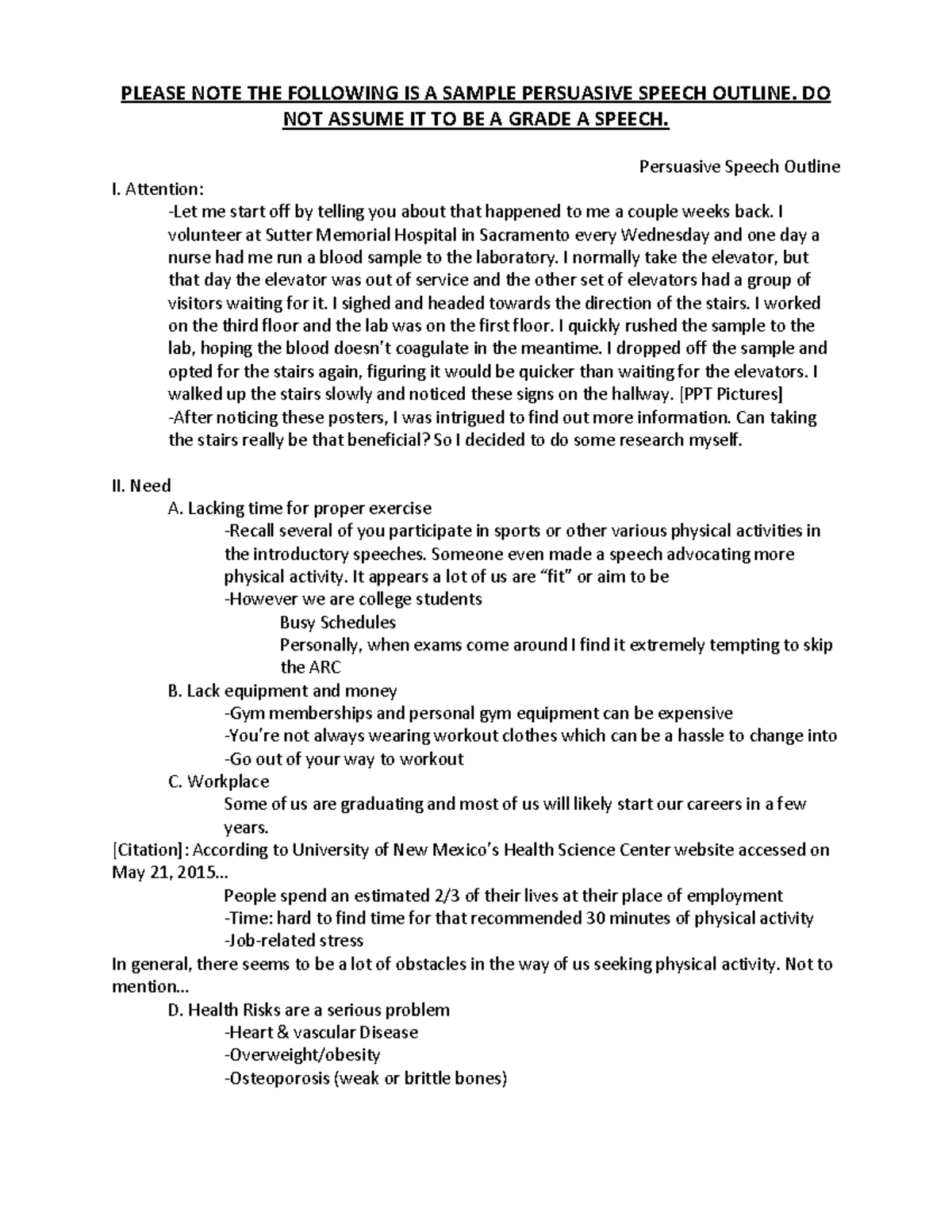 Persuasive speech outline - PLEASE NOTE THE FOLLOWING IS A SAMPLE ...