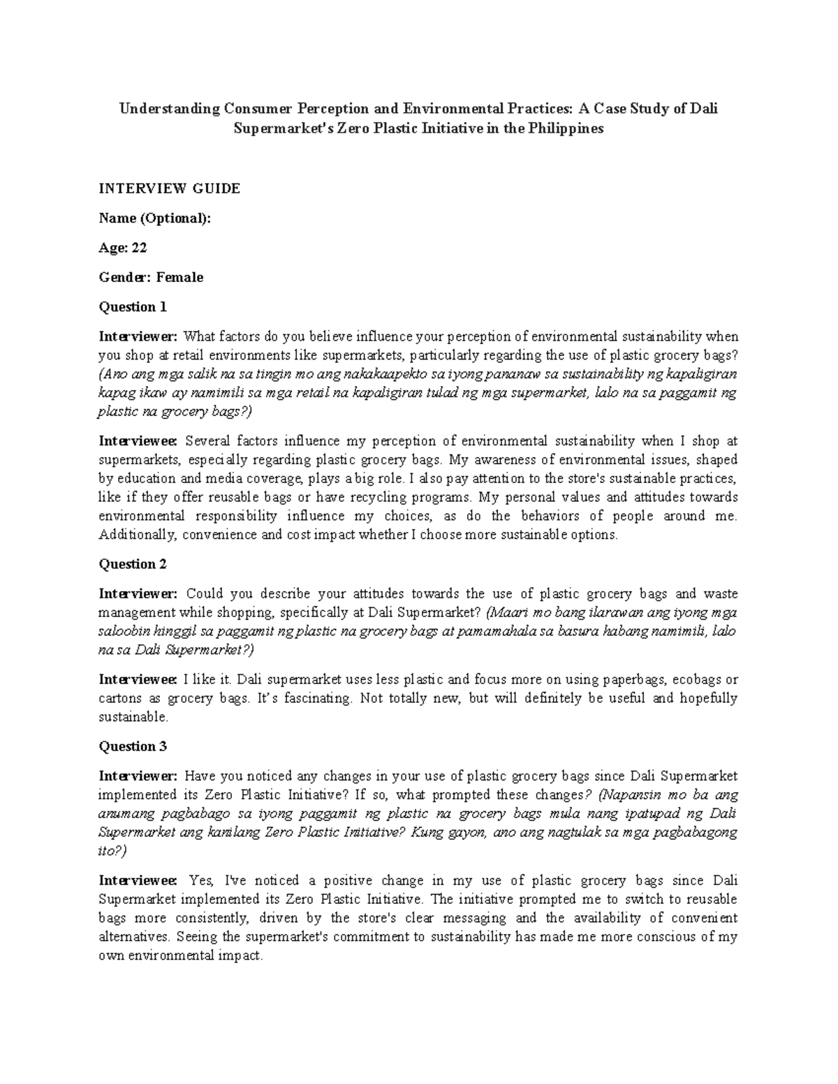 Interview 3 - Understanding Consumer Perception and Environmental ...
