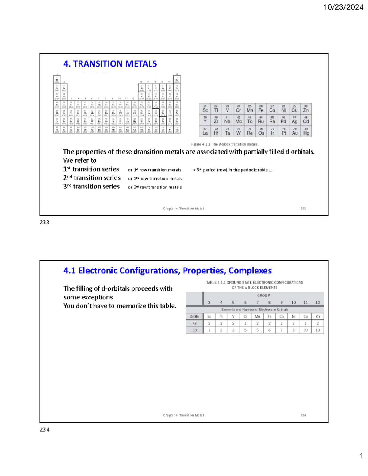 Chem1301-001 2024 4 Trans Metals ADV POST - 4. TRANSITION METALS ...