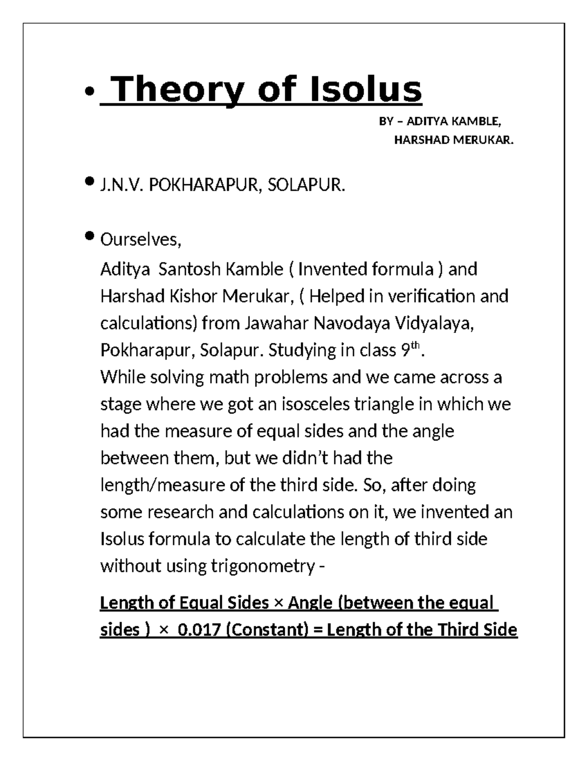 Theory of Isolus MS WORD - • Theory of Isolus BY – ADITYA KAMBLE ...