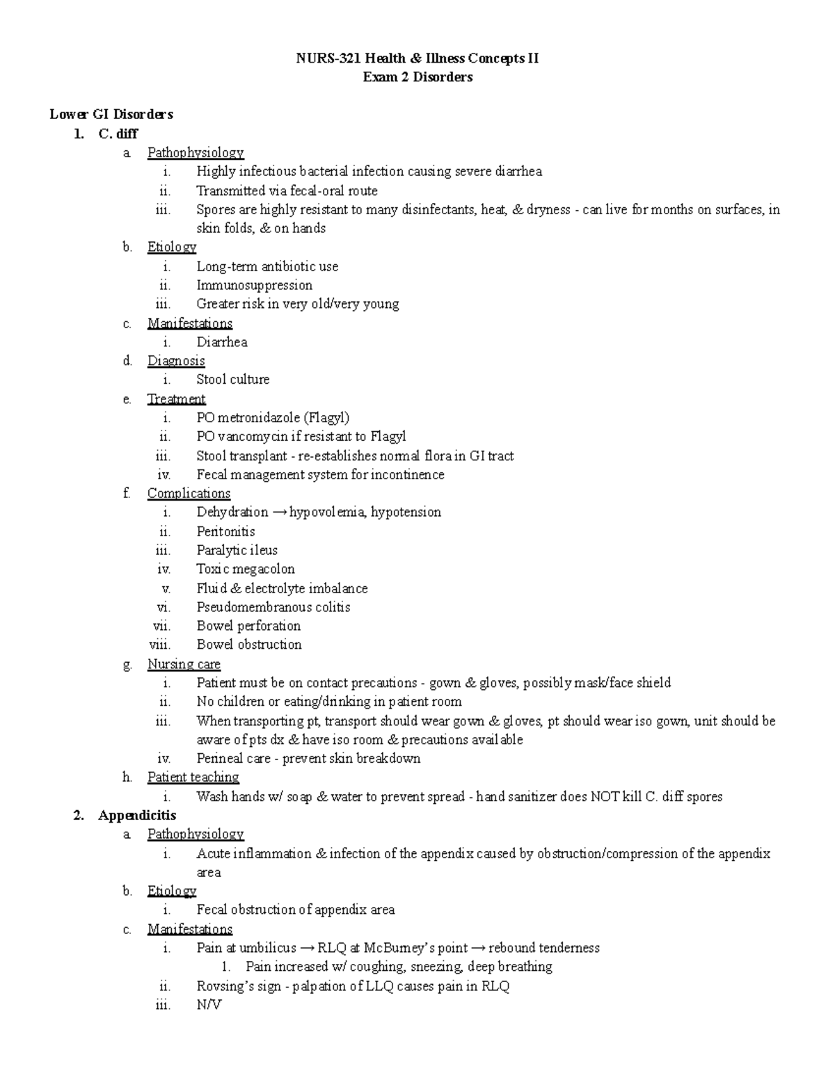 Exam 2 Disorders - Lower GI, Hepatic, Gallbladder - NURS-321 Health ...