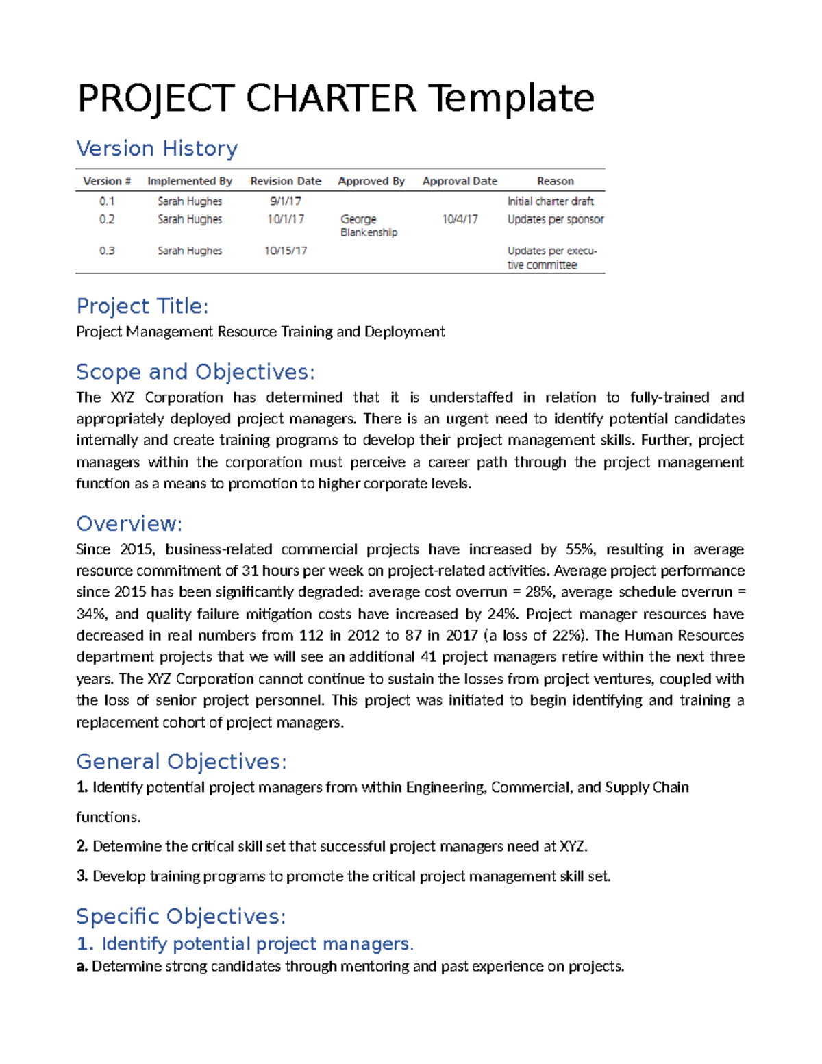 Sample Project Charter - PROJECT CHARTER Template Version History ...