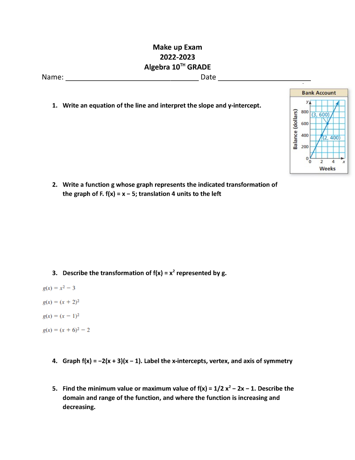 Algebra Make up Exam 2023 Make Up Exam 2022 Algebra 10 TH GRADE Name 