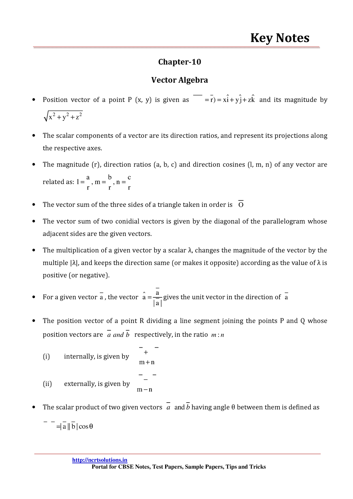 12-maths-key-notes-ch-10-vector-algebra-key-notes-ncrtsolutions