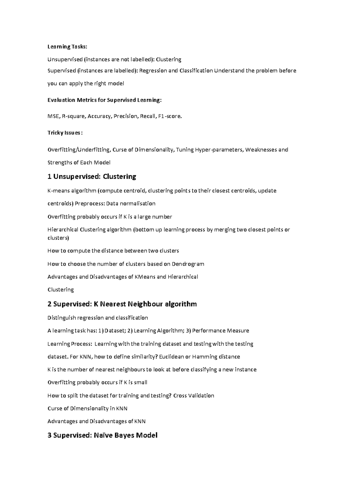 Summary of models- exam study - Learning Tasks: Unsupervised (instances ...