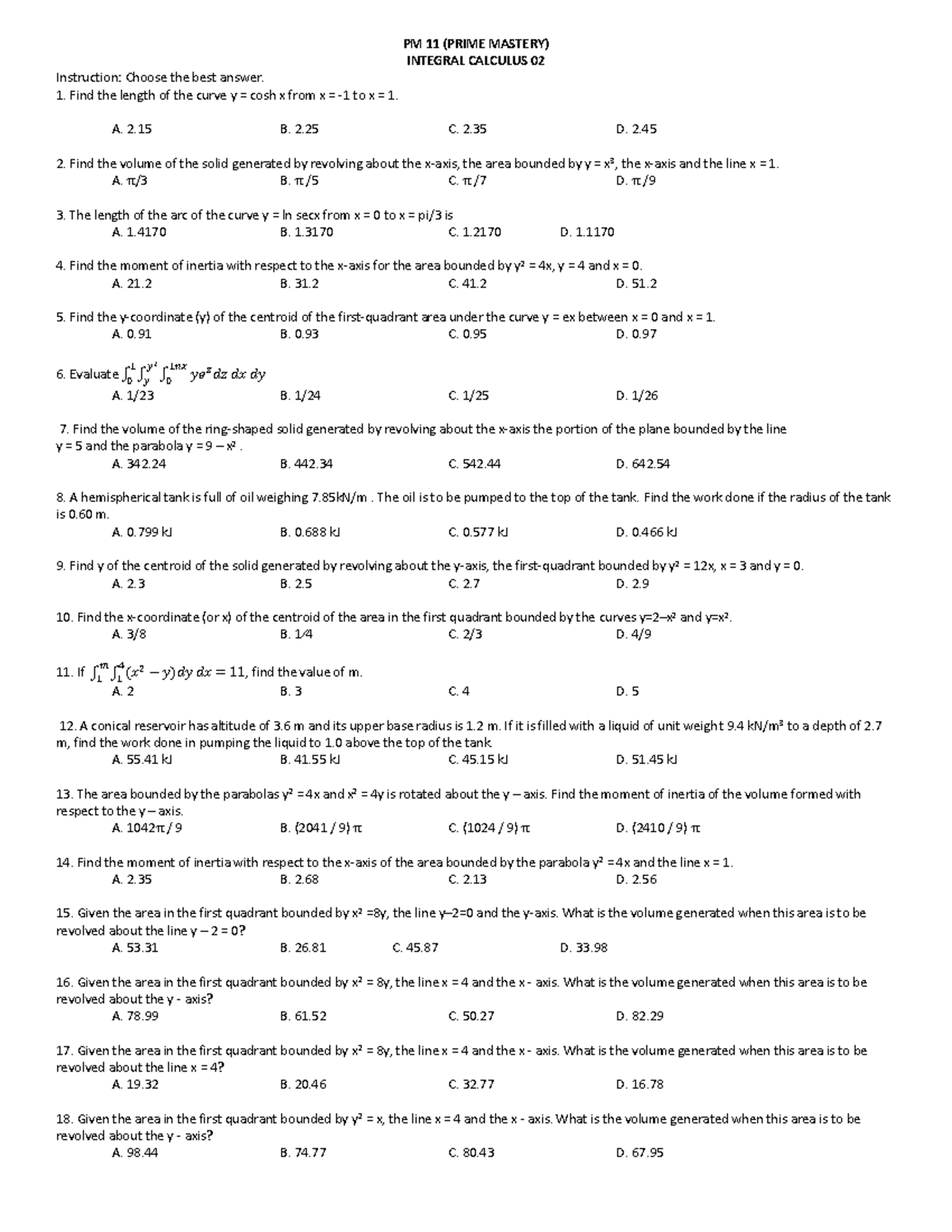 PM 11 Int cal 02 - Practice problems in integral calculus - PM 11 ...