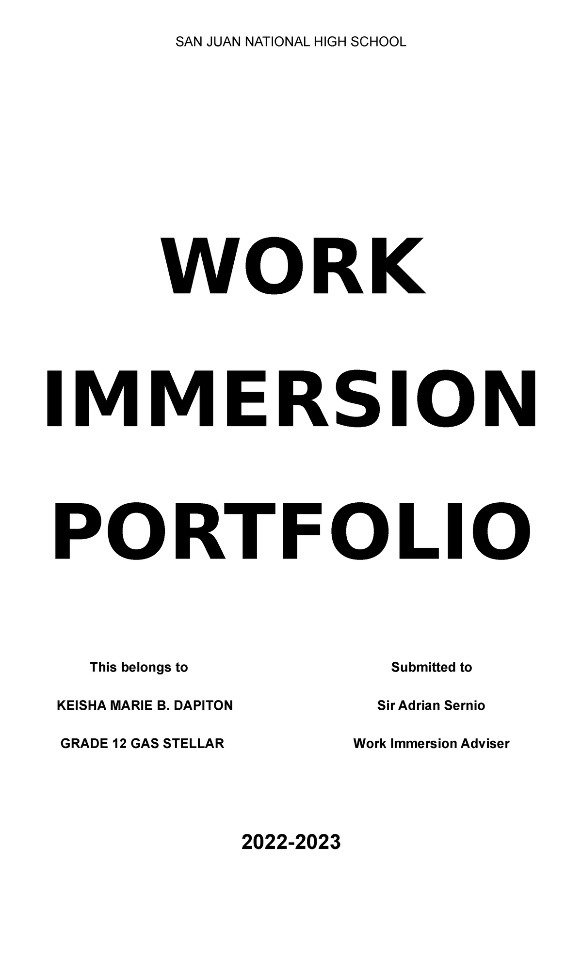 Work Immersion of Finals WORK IMMERSION PORTFOLIO This