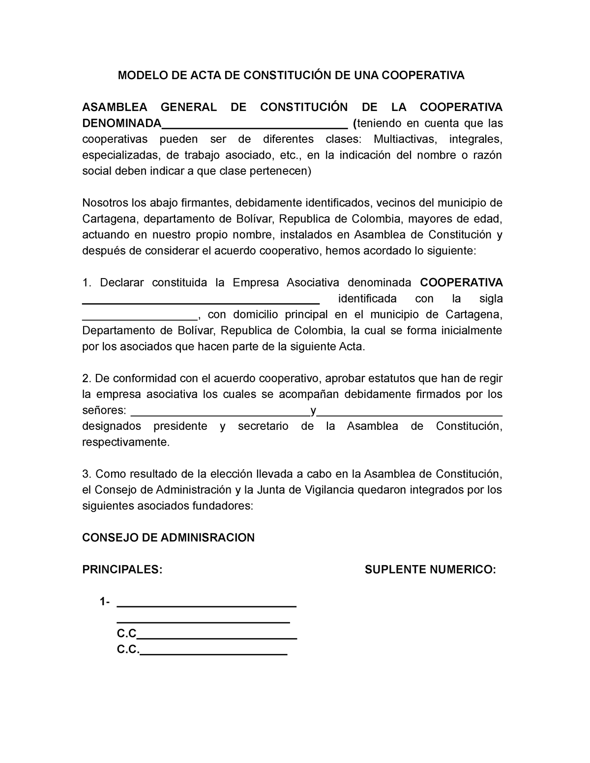 Modelo DE ACTA DE Constitucion DE UNA CO - MODELO DE ACTA DE CONSTITUCIÓN  DE UNA COOPERATIVA - Studocu