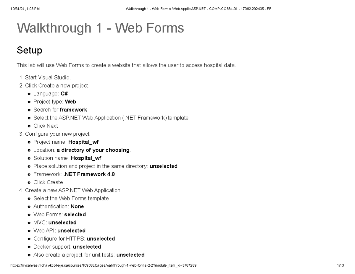 Walkthrough 1 - Web Forms Web Applic ASP.NET - COMP-CO884-01 - 17092. ...