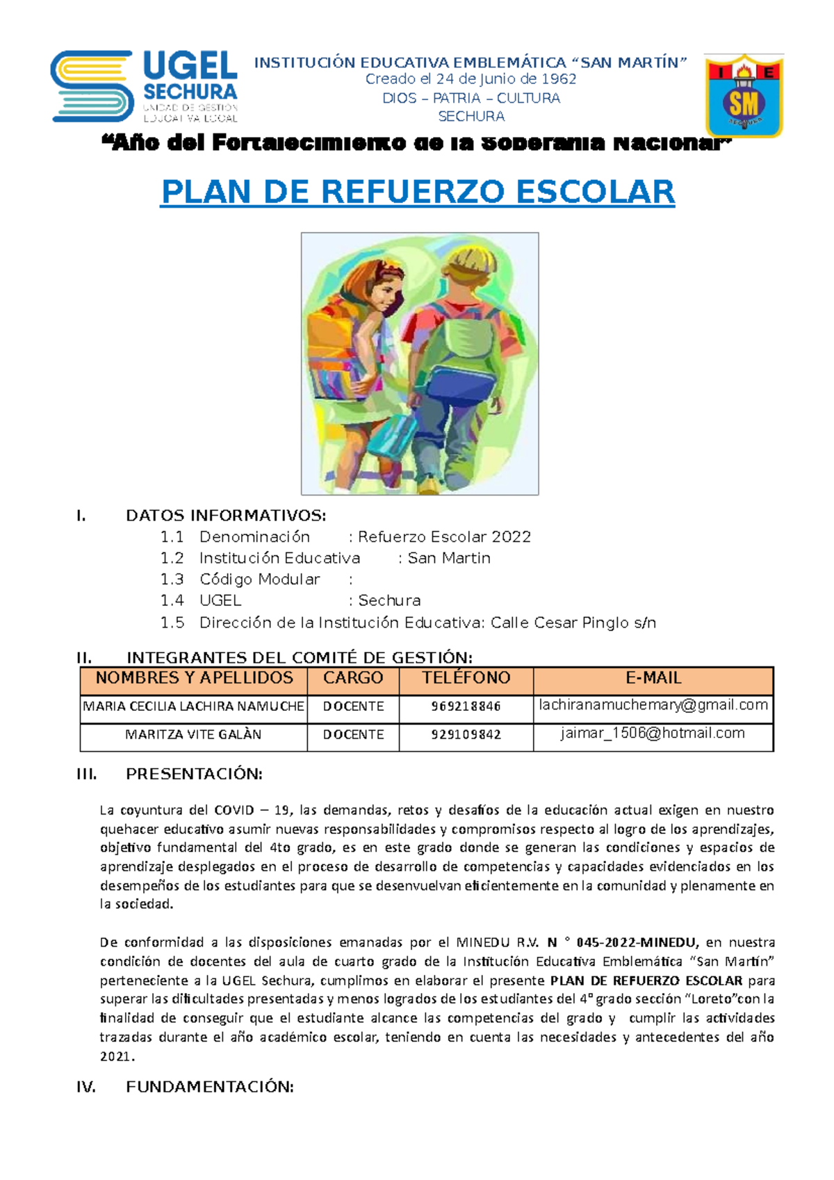 PLAN DE Refuerzo Escolar 2022 - “Año Del Fortalecimiento De La ...