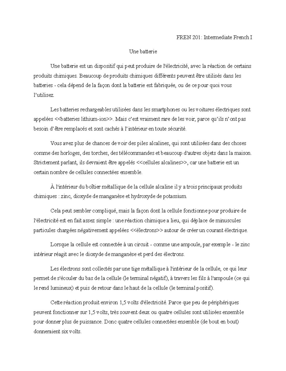 Batteries Essay in French FREN 201 Intermediate French I Une