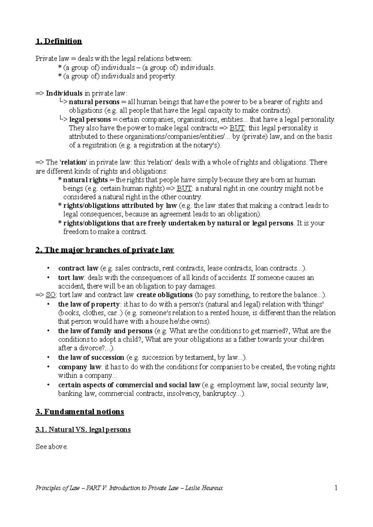 Summary - The major branches of private law - 1. Definition Private law ...