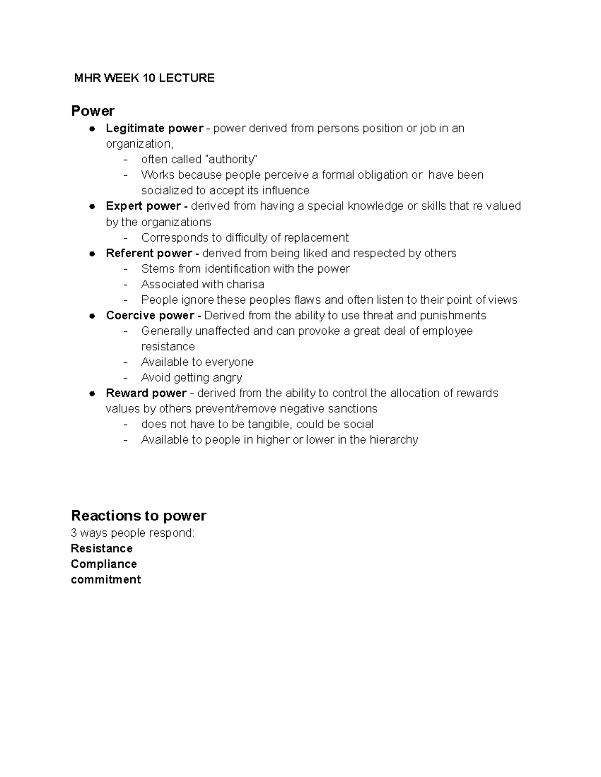 MHR WEEK 10 Lecture - week 10 notes - MHR WEEK 10 LECTURE Power ...