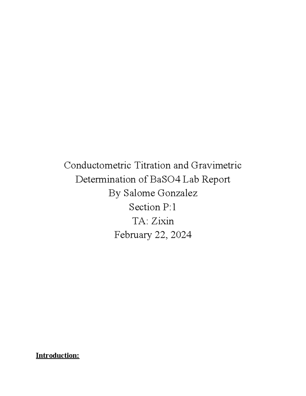 Conductometric Titration and Gravimetric Determination of Ba SO4 Lab Report Conductometric