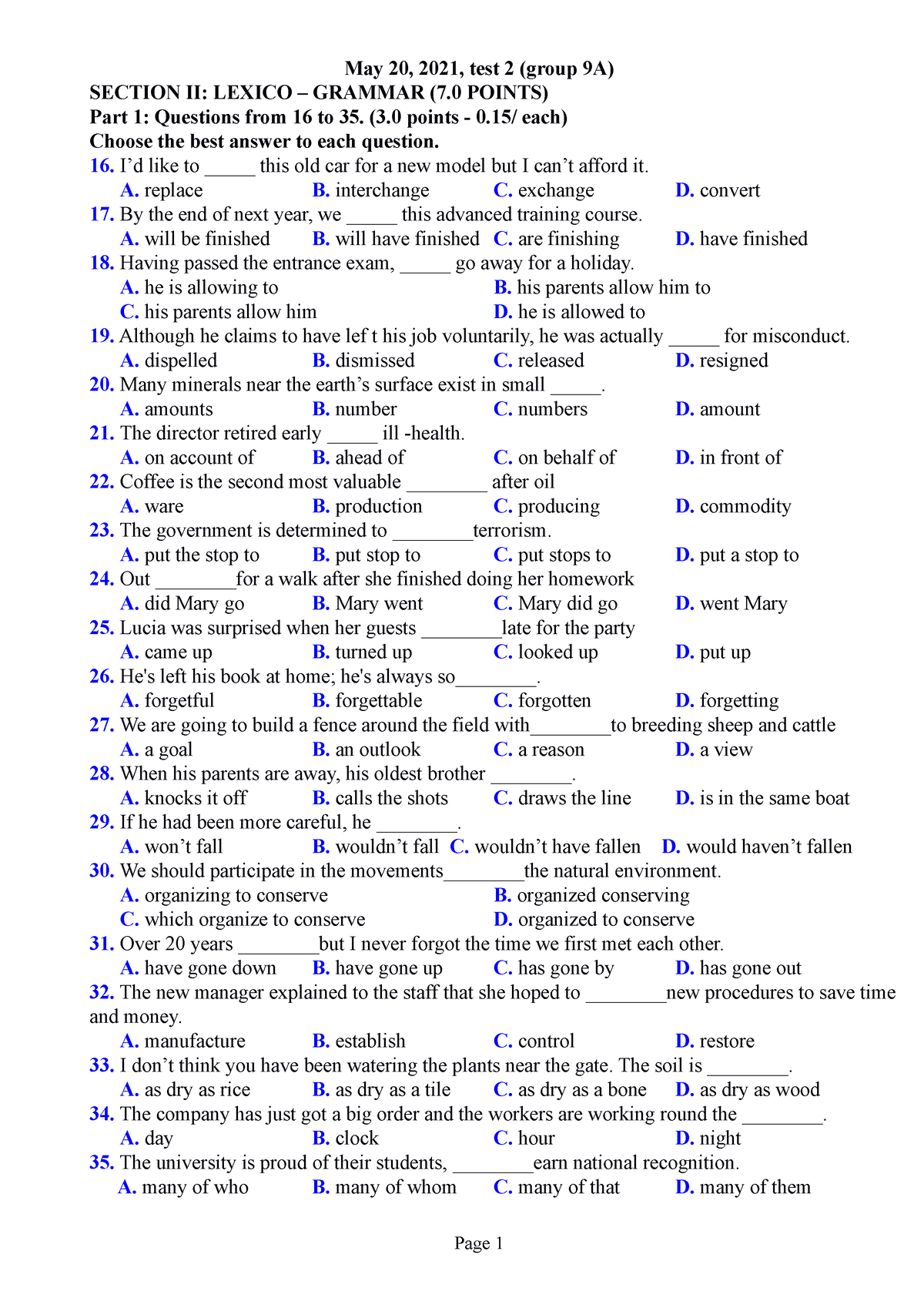 May 20 2021 test 2 group 9A - May 20, 2021, test 2 (group 9A) SECTION ...