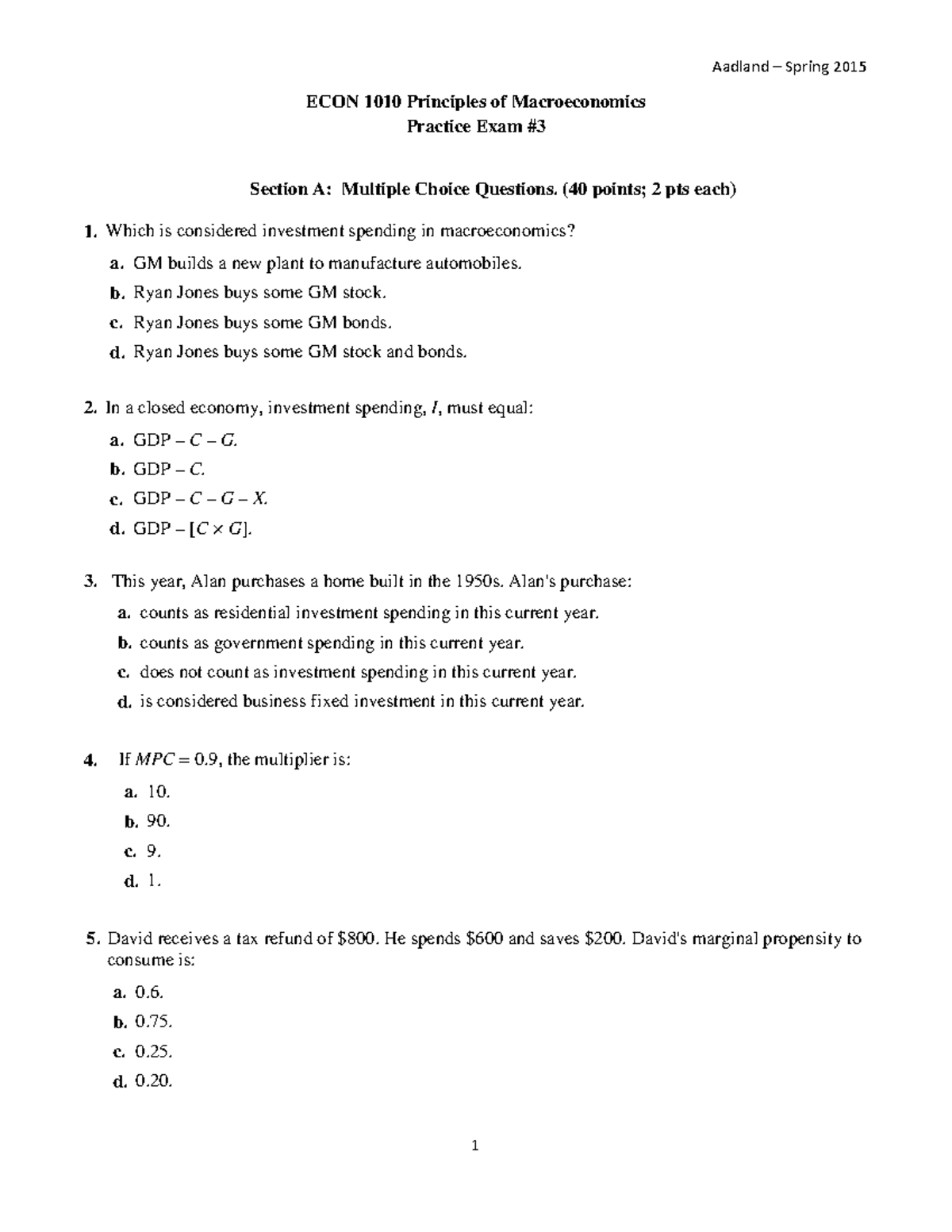 20660504 - Lecture notes 1 - Aadland – Spring 2015 ECON 1010 Principles ...