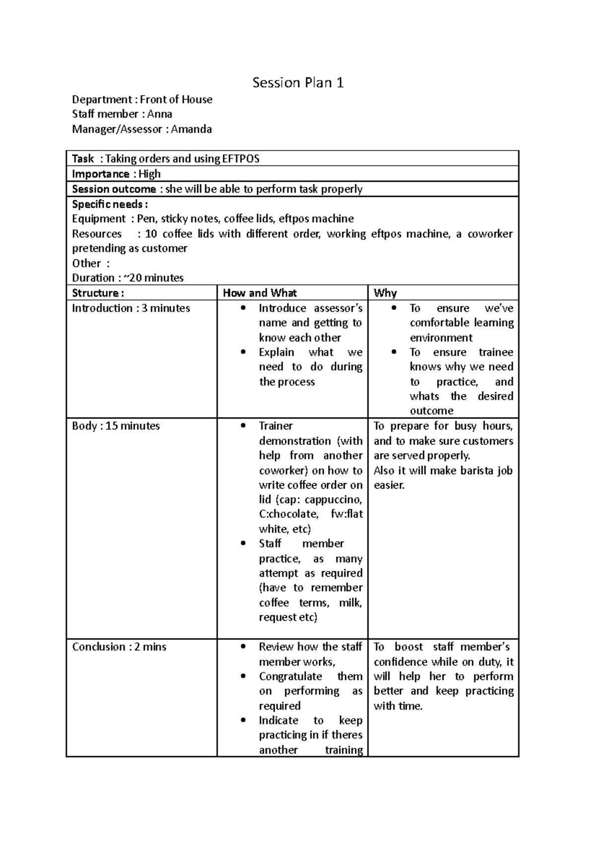 Session Plan 1-Amanda sitxhrm 001 - Session Plan 1 Department : Front ...