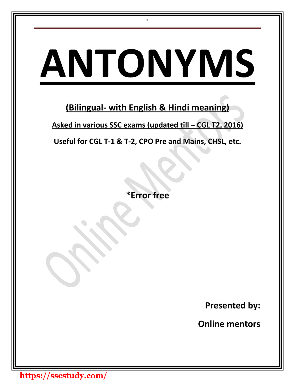 Ssc Previous Year Antonyms