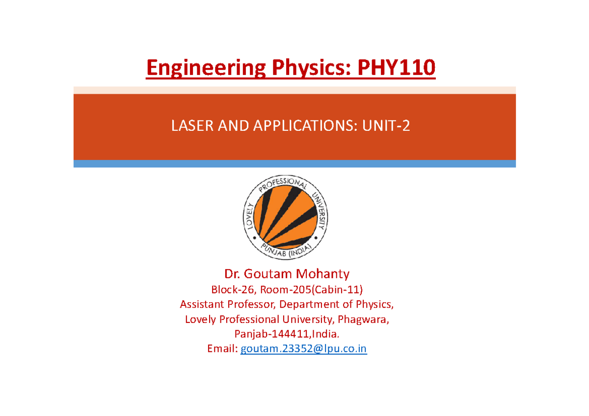 Laser 1 very nice part of physic LASER AND APPLICATIONS UNIT Dr