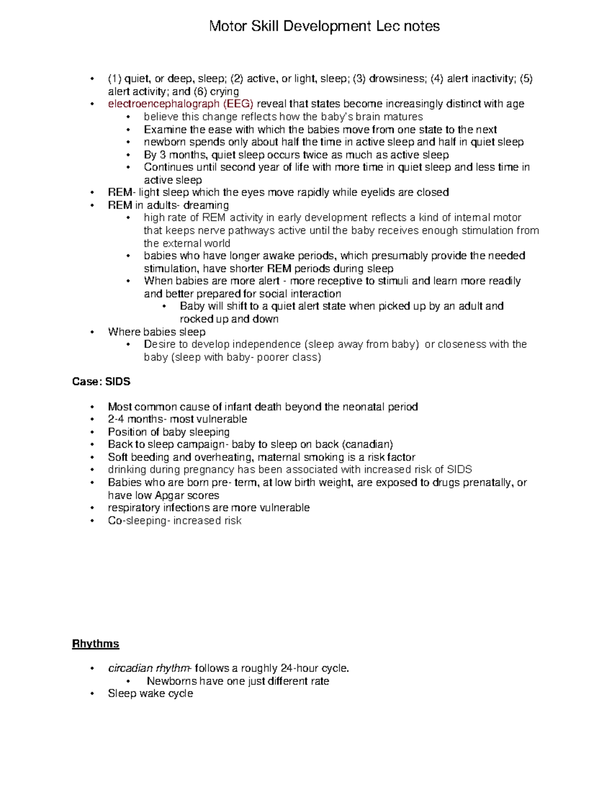 Motor Skill Development Lec notes - (1) quiet, or deep, sleep; (2 ...