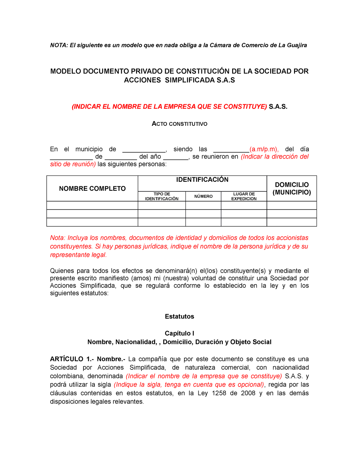 Constitución De Sociedades Por Acciones Simplificadas Sas Nota El