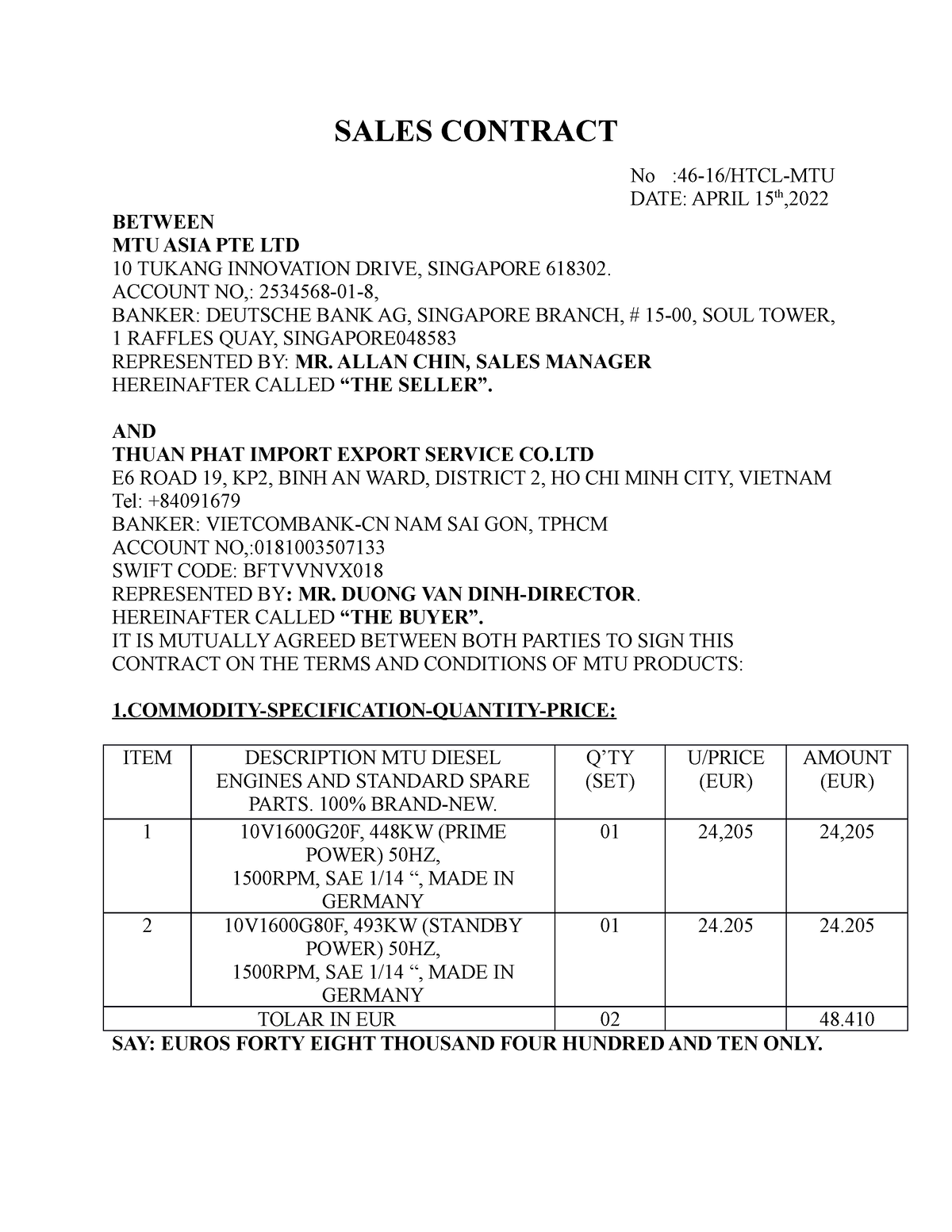 Sales Contract - sssssssss - SALES CONTRACT No :46-16/HTCL-MTU DATE ...