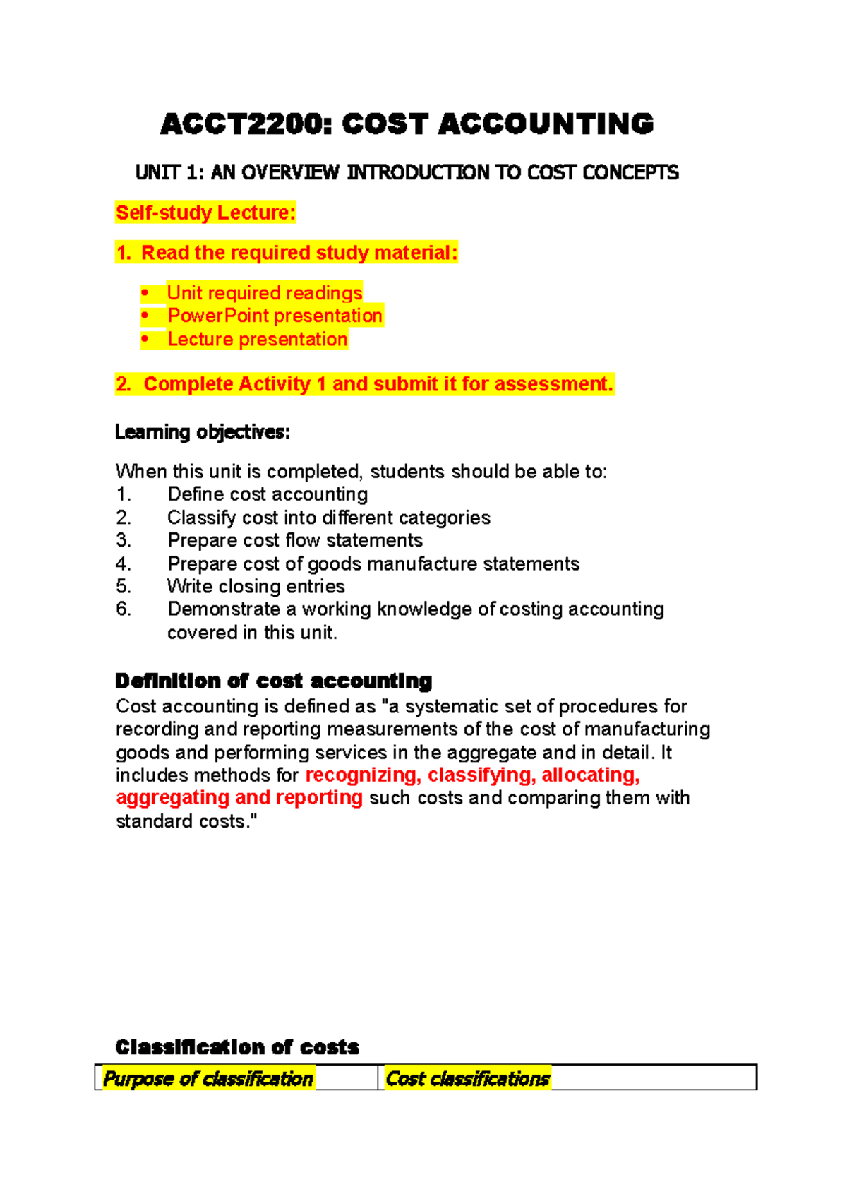 Unit 1 Cost Concepts - ACCT 2200 : COST ACCOUNTING UNIT 1 : AN OVERVIEW ...