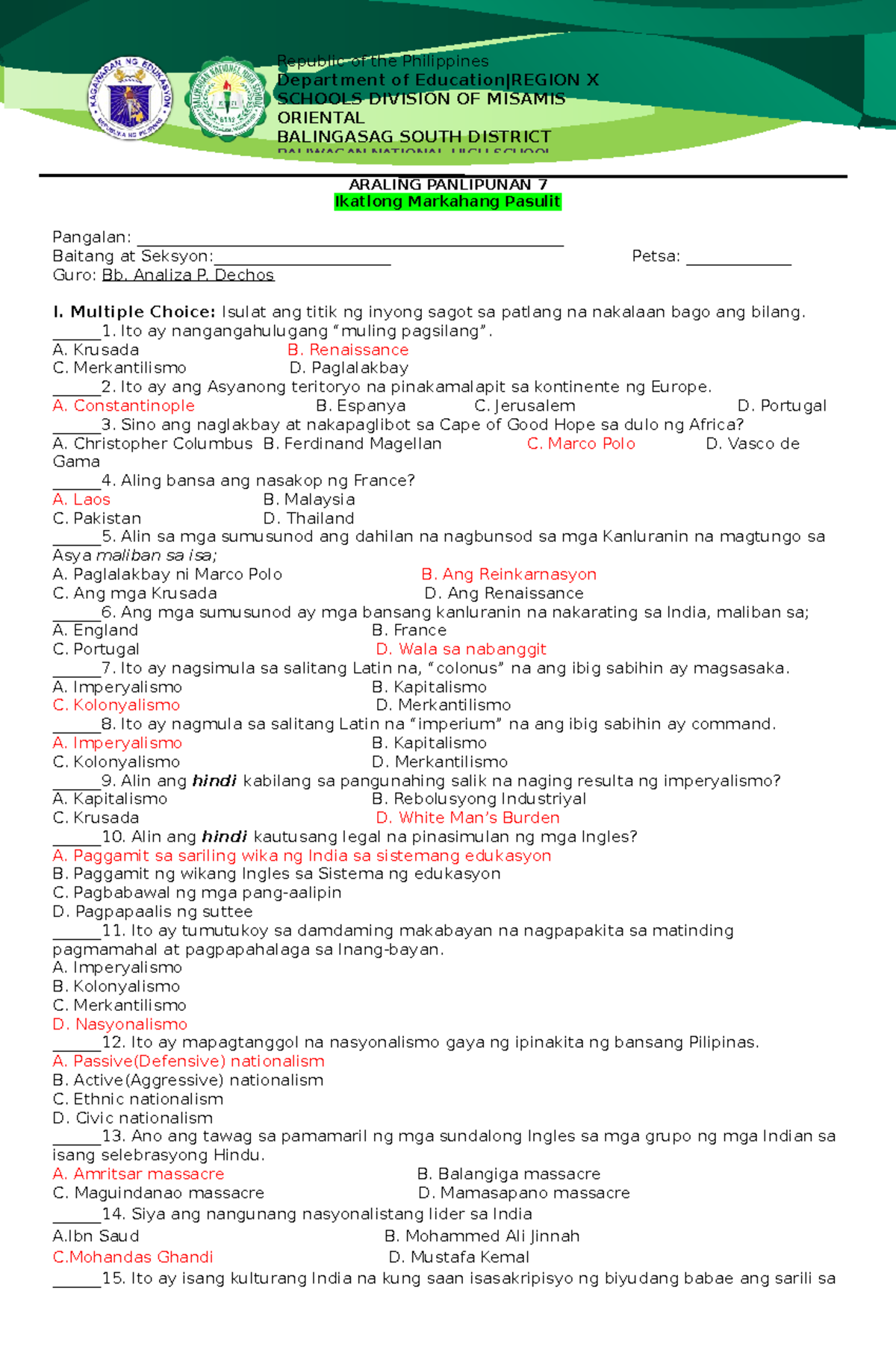 Araling Panlipunan 7 Answer Key Araling Panlipunan 7 Ikatlong Araling Panlipunan 7 Answer Key Araling Panlipunan 7 Ikatlong