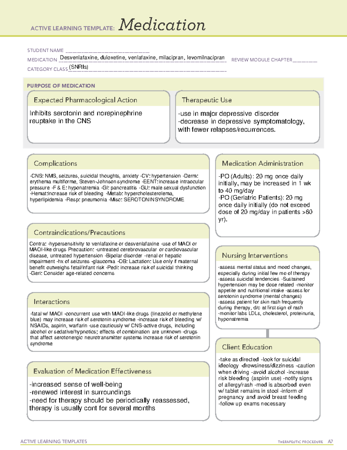 SNRI Medication ATI Template Mental Health Nursing - ACTIVE LEARNING ...