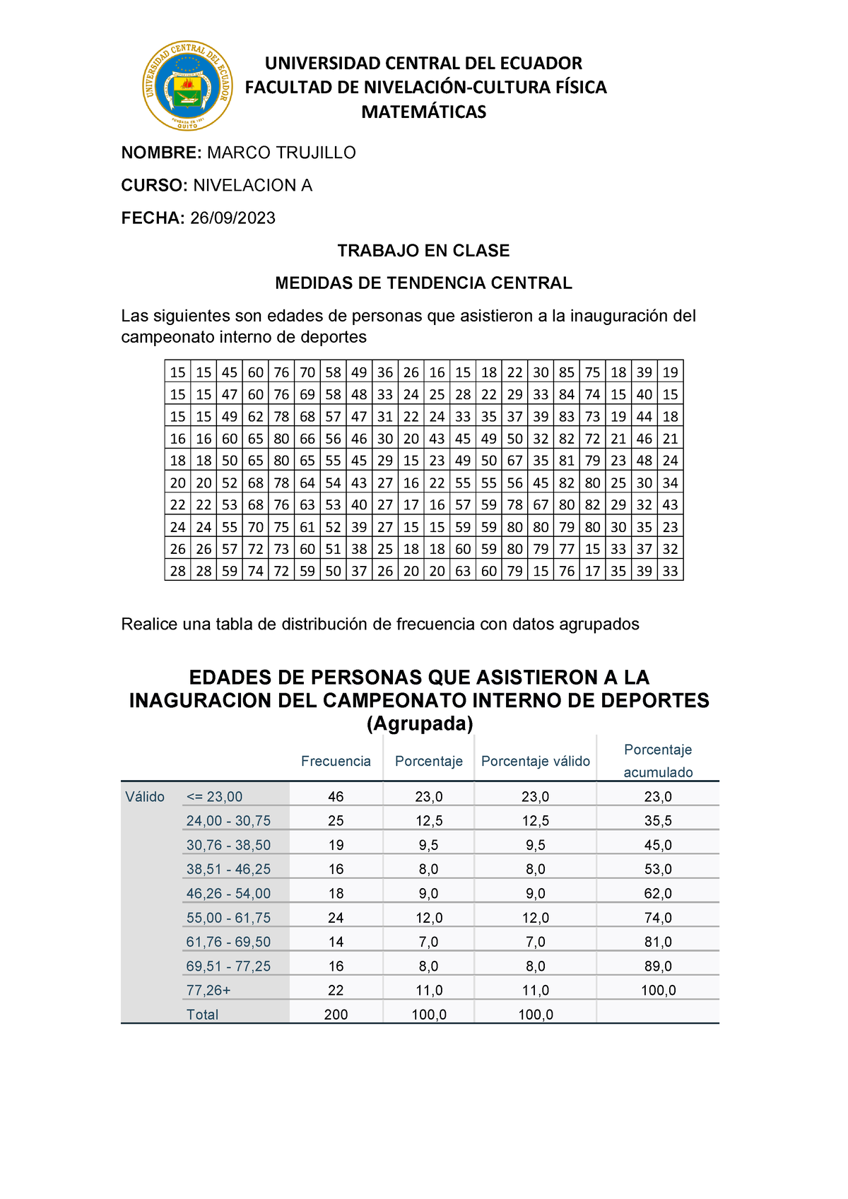 Trabajo EN Clase - UNIVERSIDAD CENTRAL DEL ECUADOR FACULTAD DE NIVELACI ...