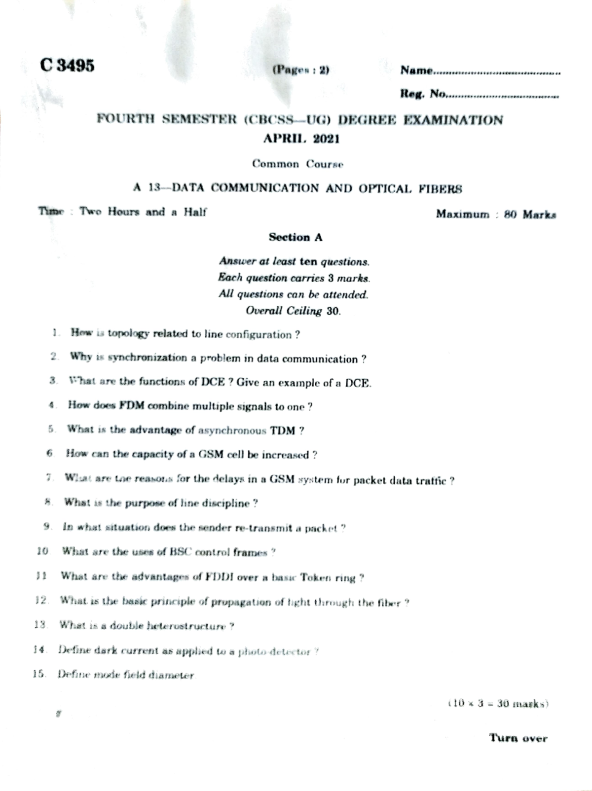 Data Communication April 2021 - C 3495 (Pages2) Name.. Reg. No.. FOURTH ...