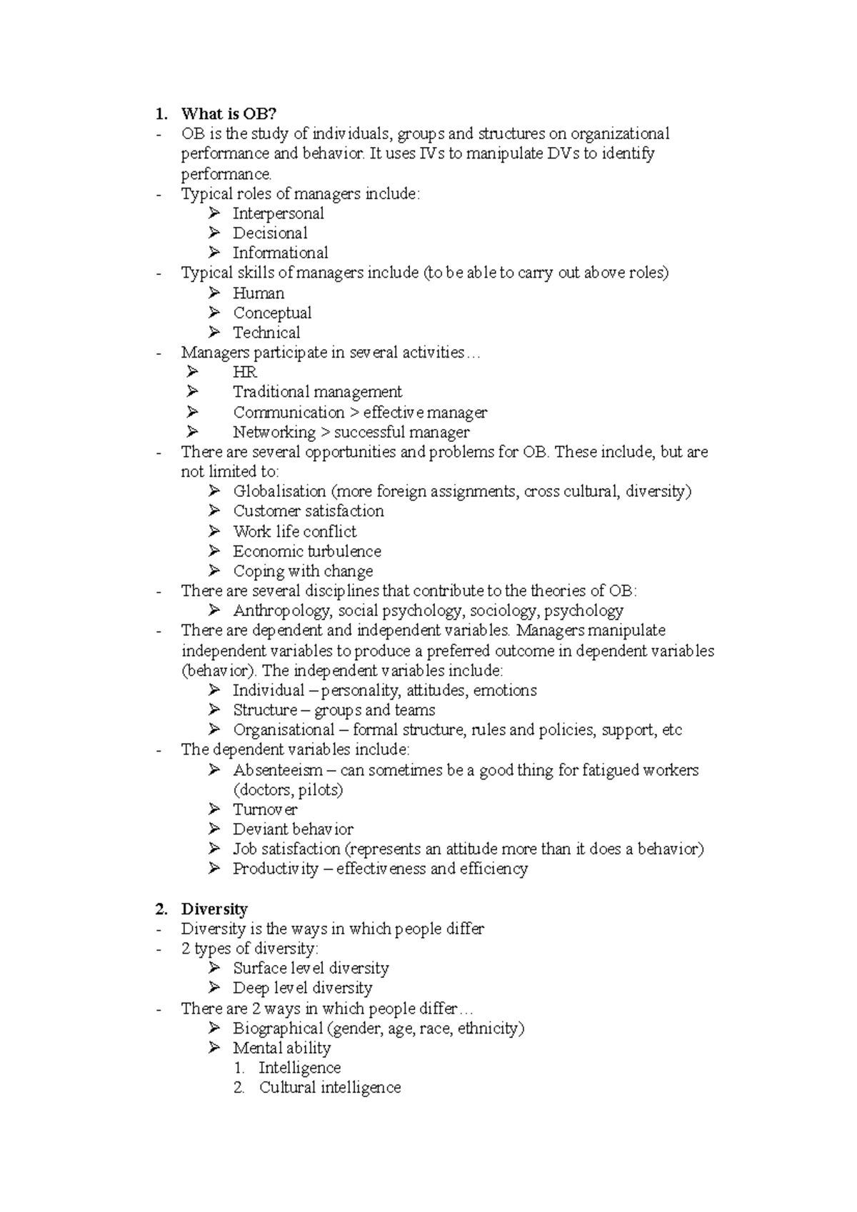 Study Notes - Summary Organisational Behaviour - 1. What is OB? OB is ...