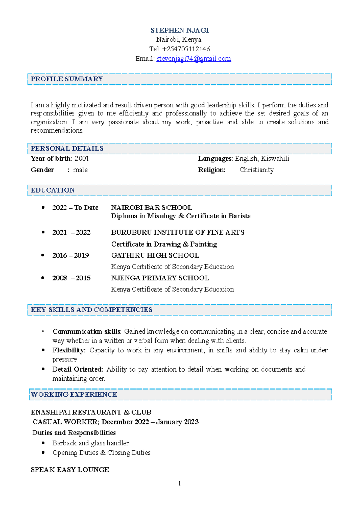 Stephen Njagi CV - A job in the hospitality industry typically involves ...