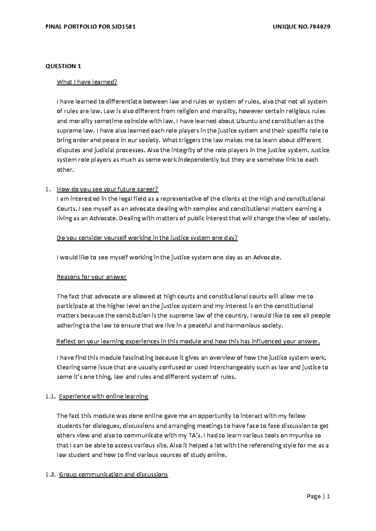 SJD 1501 Portfolio - notes - QUESTION 1 What I have learned? I have ...