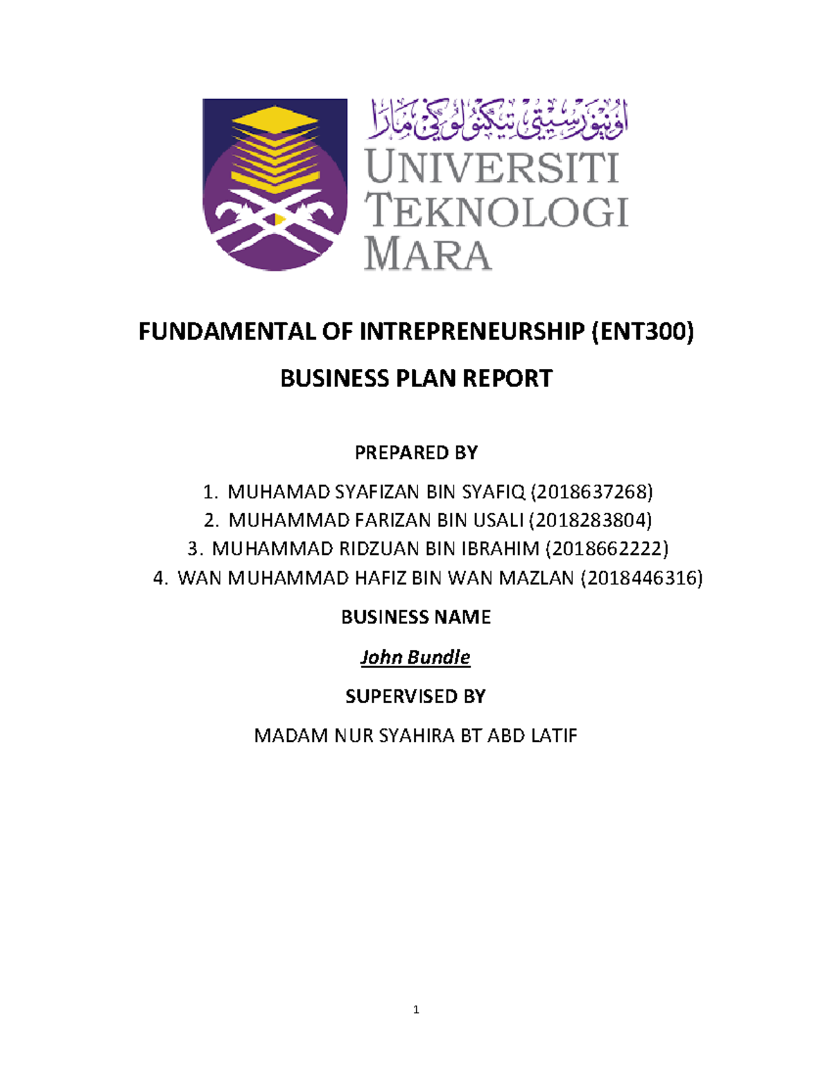 John bundle - dawfd - FUNDAMENTAL OF INTREPRENEURSHIP (ENT300) BUSINESS ...