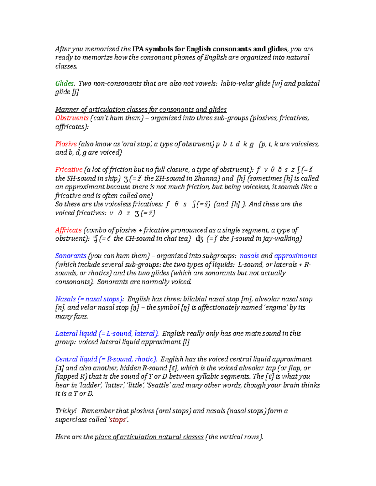 Consonant Natural Classes After You Memorized The Ipa Symbols For English Studocu