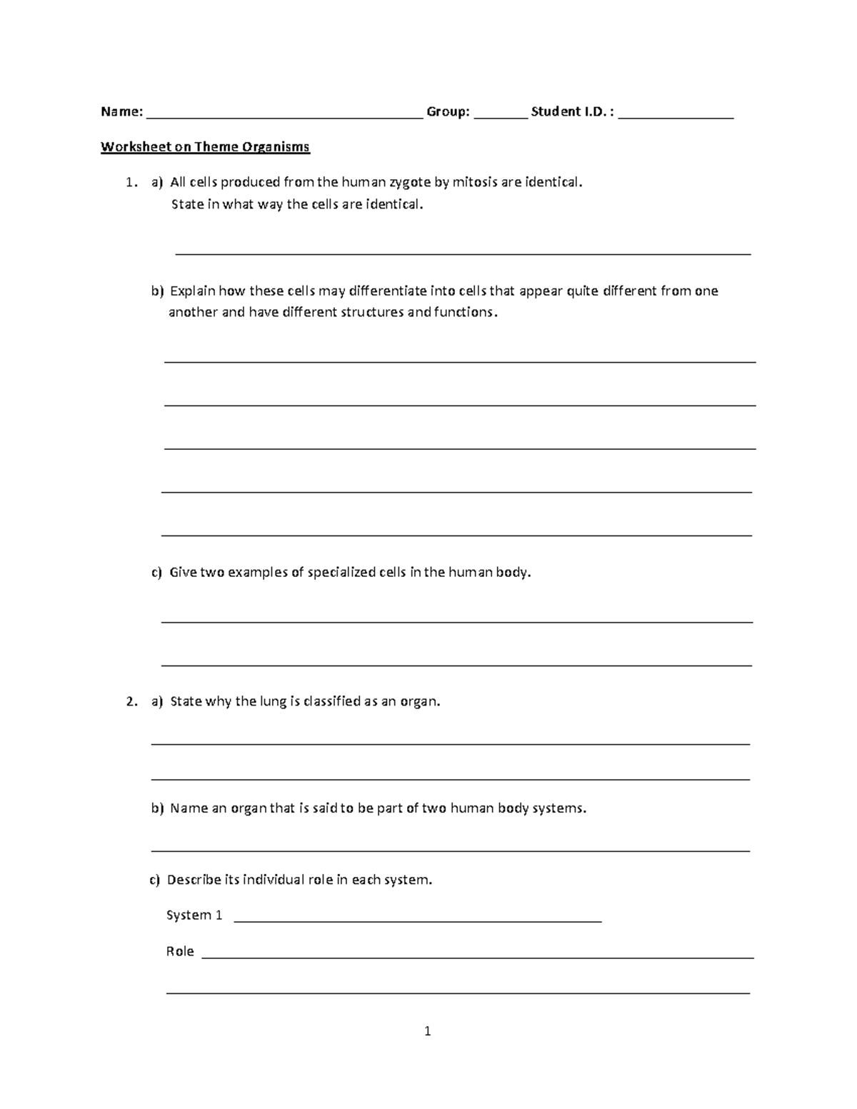 Worksheet for Theme Organisms - Name ...