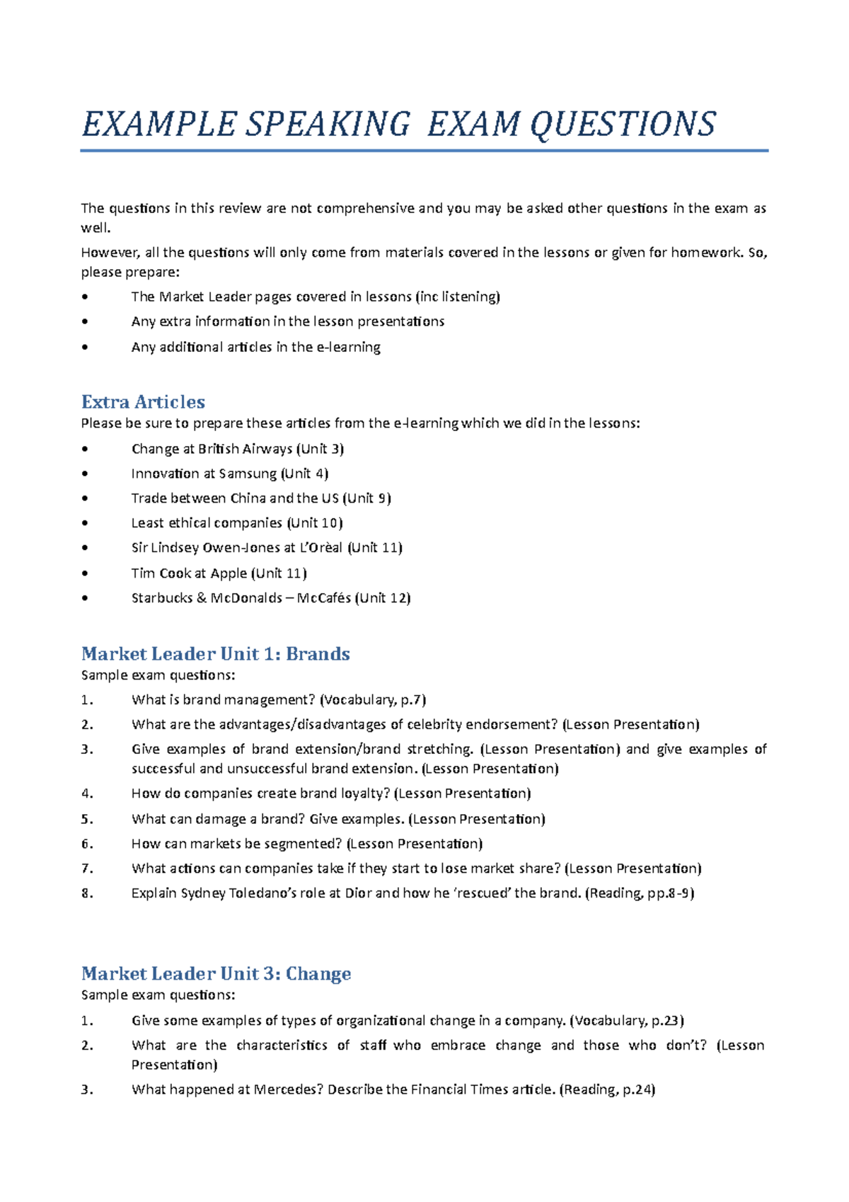 Example Speaking EXAM Questions - EXAMPLE SPEAKING EXAM QUESTIONS The ...