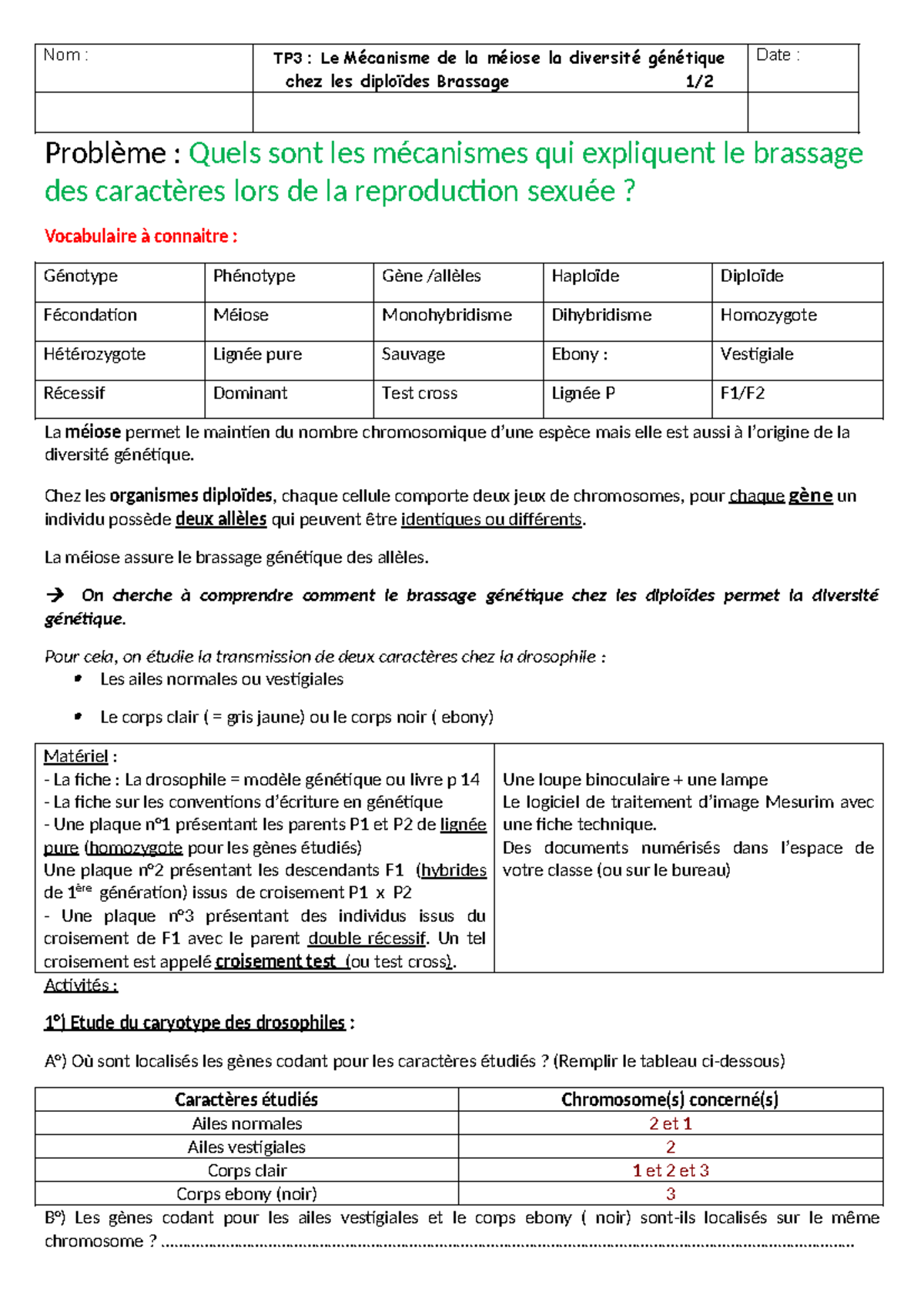 TP+4+brassage+inter+2021 - Nom : TP3 : Le Mécanisme de la méiose la ...