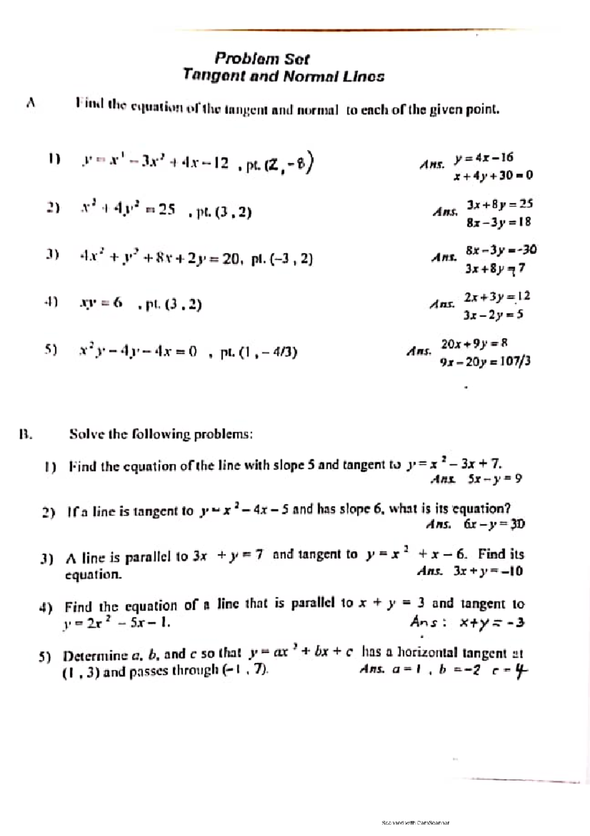 Problem Set Tangent Line And Normal Line (Derivative) With Answer And ...